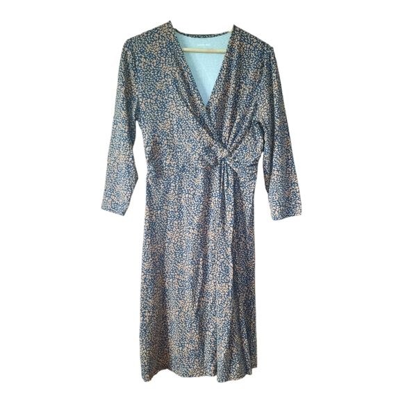 Lands' End Navy Tan Animal Print Faux Wrap Front Knot 3/4 Sleeves Midi Dress - Picture 1 of 12